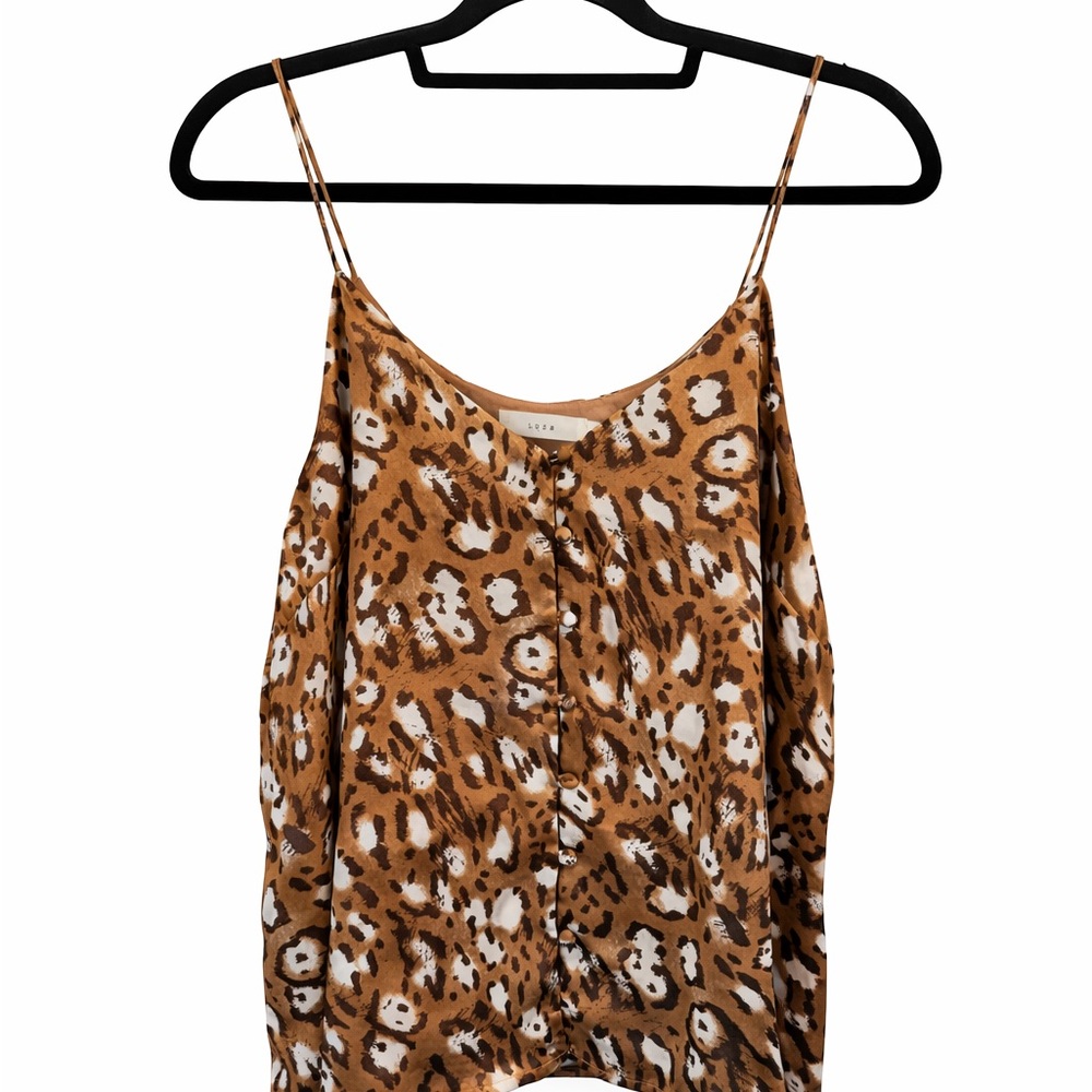 Lush Leopard Print Satin Cami Button Front Spaghetti Strap Top Size M